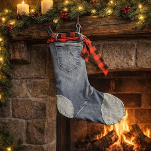 May include: A denim Christmas stocking with a star design on the back pocket, accented with a red and black buffalo plaid cuff. The stocking hangs from a rustic wooden mantel decorated with greenery, lights, and candles.