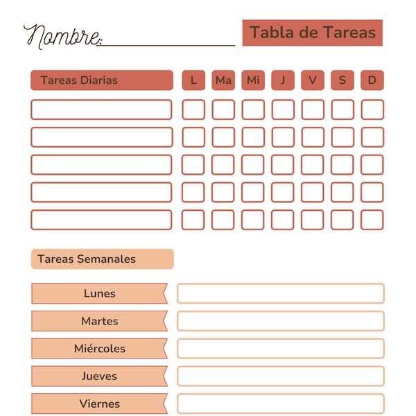 Tabla de Tareas Diarias/ Daily Chores Table Spanish