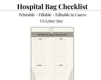 Hospital Bag Checklist Printable and Editable, Birth Bag Packing List, New Baby Checklist, Maternity Checklist, Instant Download PDF