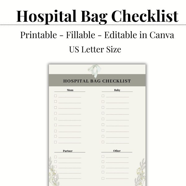 Hospital Bag Checklist Printable and Editable, Birth Bag Packing List, New Baby Checklist, Maternity Checklist, Instant Download PDF