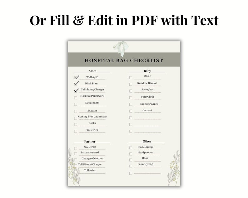 Hospital Bag Checklist Printable and Editable, Birth Bag Packing List ...