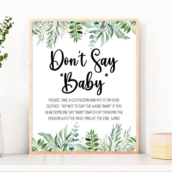 Greenery Don't Say Baby Sign, Instant Download, Baby Shower, Gender Neutral, Printable, DIY, Woodland,  Game, Safety Pins, Green