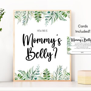 Placa e cartões "O quão grande é a barriga da mamãe" da Greenery, download instantâneo, chá de bebê, gênero neutro, para impressão, faça você mesmo, floresta, verde
