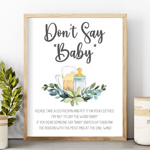 A Baby is Brewing Don&#39;t Say Baby Sign, Instant Download, Baby Shower, Gender Neutral, Printable, DIY, Game, Safety Pins, Green, Beer, Bottle