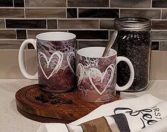 Pink Abstract Art Coffee Mugs with Hearts