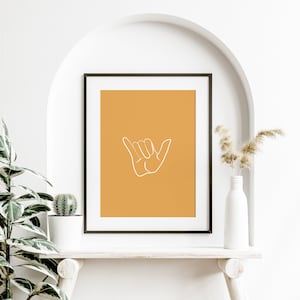 Shaka Graphic Wall Art, Hand sign Digital Print, Mustard Yellow Home Decor, Printable Wall Art, Graphic Print Downloadable