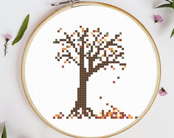 Fall Tree Simple Modern Cross Stich Pattern, Autumn Leaves PDF