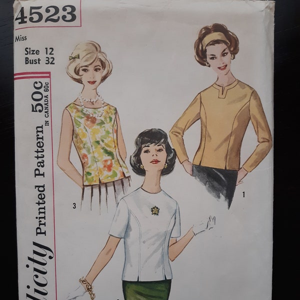 Simplicity 4523 vintage sewing pattern for set of blouses, 1960s, bust 32, FF