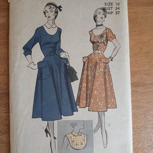 Advance 5679, 1950s sewing pattern for dress with patch pockets and decorative round neckline, bust 34