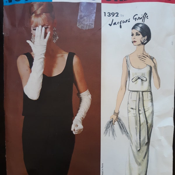 Vogue Paris Original 1392 vintage 1960s sewing pattern by Jacques Griffe semi-fitted evening dress and overblouse, bust 34, complete