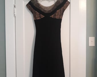 Vintage black velvet 1950s party dress with circle skirt, sheer lace yoke, bust 34