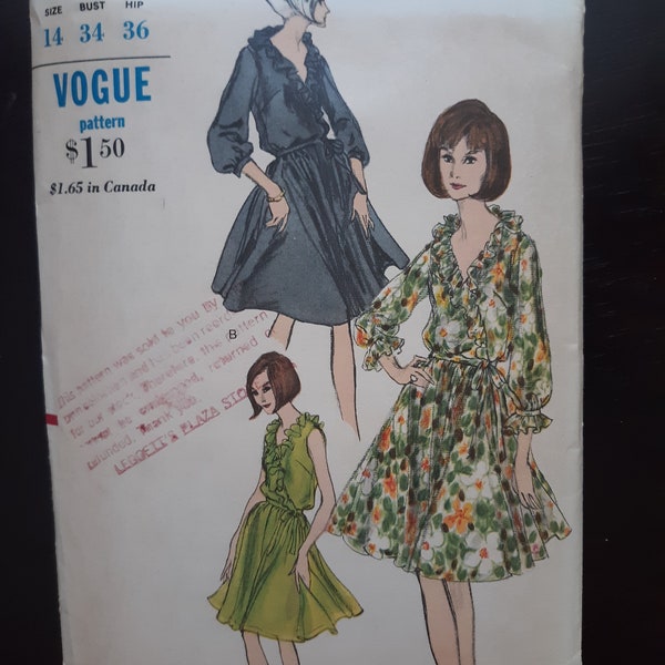 Vogue 6394 vintage 1960s sewing pattern for dress with gathered circle skirt and bloused bodice with ruffles, slip, bust 34, complete