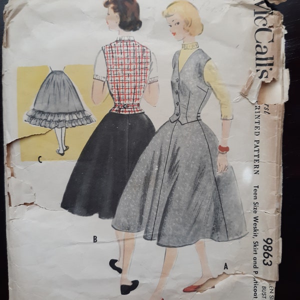 McCalls 9863 vintage sewing pattern for 1950s weskit, full skirt, and petticoat, bust 30