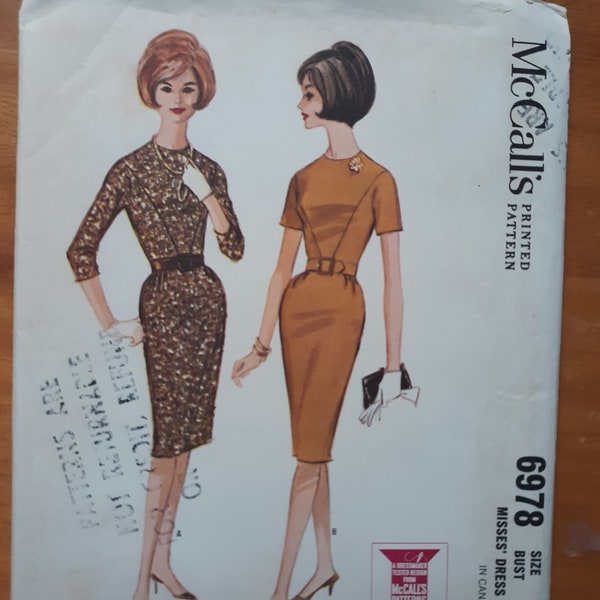 McCalls 6978 vintage 1960s sewing pattern for sheath dress with v-seaming in bodice front, kimono sleeves, bust 34, uncut