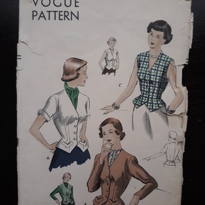 May include: Vintage Vogue Pattern 6739-50c, size 12, 30 bust. The pattern features illustrations of women's jackets and vests. The cover is off-white with illustrations in shades of brown, green, and blue.