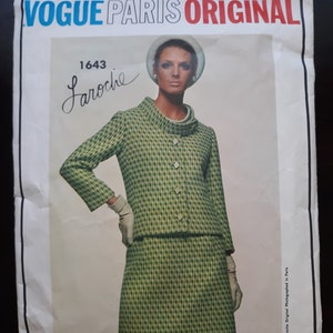 Vogue Paris Original 1643 by Laroche, vintage sewing pattern for skirt suit and blouse, bust 34, complete