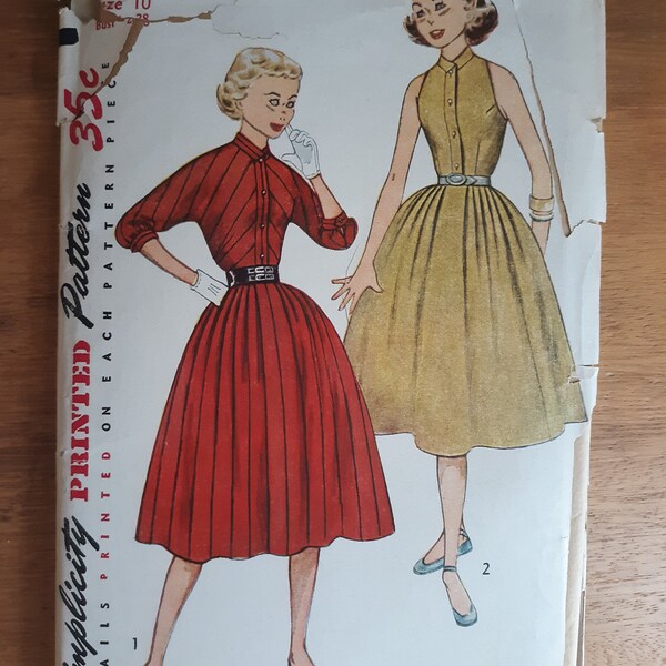 Simplicity 4366 vintage 1950s sewing pattern for dress with front button closing, pleated full skirt with pockets, bust 28, FF