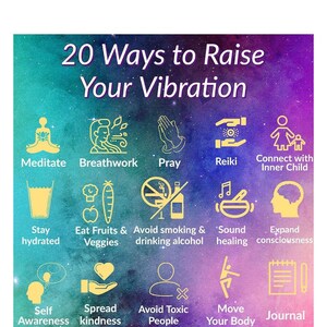 May include: A colorful infographic with 20 ways to raise your vibration. The infographic features icons and text, including "Meditate", "Breathwork", "Pray", "Reiki", "Connect with Inner Child", "Stay hydrated", "Eat Fruits & Veggies", "Avoid smoking & drinking alcohol", "Sound healing", "Expand consciousness", "Self Awareness", "Spread kindness", "Avoid Toxic People", "Move Your Body", "Journal", "Gratitude", "Declutter", "Be With Nature", "Positive Affirmations", and "Relaxing Baths".
