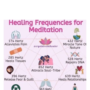 May include: A pink and white graphic with the text "Healing Frequencies for Meditation" at the top. The graphic features a circle with 10 different frequencies listed around the circle, each with a corresponding image and description. The frequencies are 174 Hertz, 285 Hertz, 396 Hertz, 417 Hertz, 432 Hertz, 528 Hertz, 639 Hertz, 741 Hertz, 852 Hertz, and 963 Hertz.