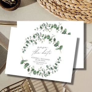 Carte d'invitation de mariage Save the Date florale verte, rose et verte, taille standard, papier cartonné ou papier « 14,8 X 10,5 »