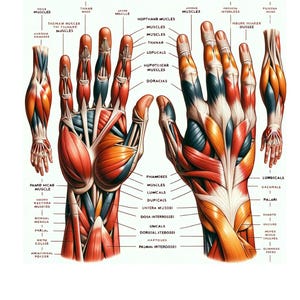Könnte beinhalten: Eine detaillierte anatomische Illustration der Muskeln in der menschlichen Hand und dem Unterarm. Das Bild zeigt die verschiedenen Muskelgruppen, darunter die Beuger, Strecker und intrinsischen Muskeln der Hand. Die Muskeln sind mit ihren Namen in Englisch beschriftet.