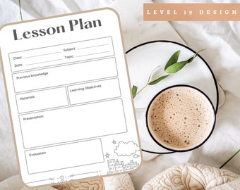 May include: A printable lesson plan template with sections for class, date, subject, topic, previous knowledge, learning objectives, materials, presentation, and evaluation. The template has a simple design with a city skyline illustration at the bottom.