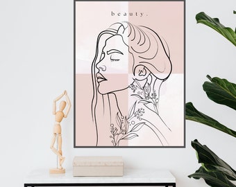 Beige neutro con illustrazione da parete di donna. Dimensioni disponibili: 16,0 x 20,0 pollici stampati