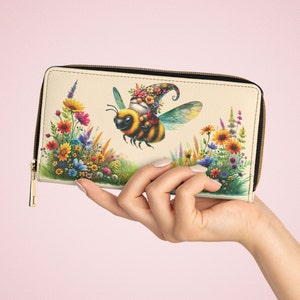 Cartera con cremallera Gnome, cartera de mujer Bumble Bee, arte mítico, hermosa cartera de cuero vegano, bolso con cremallera alrededor, cartera grande, regalo para ella