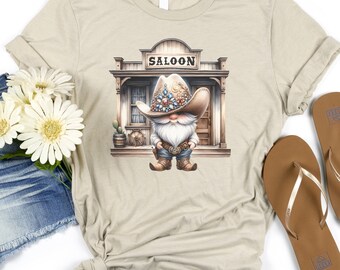 Gnome Saloon Shirt, Cowboy Shirt, Saloon Gnome Tee, Gnome in the Wild West Shirt, Funny Gnome Shirt, Rustic Gnome Tee, Cute Cowboy Gnome