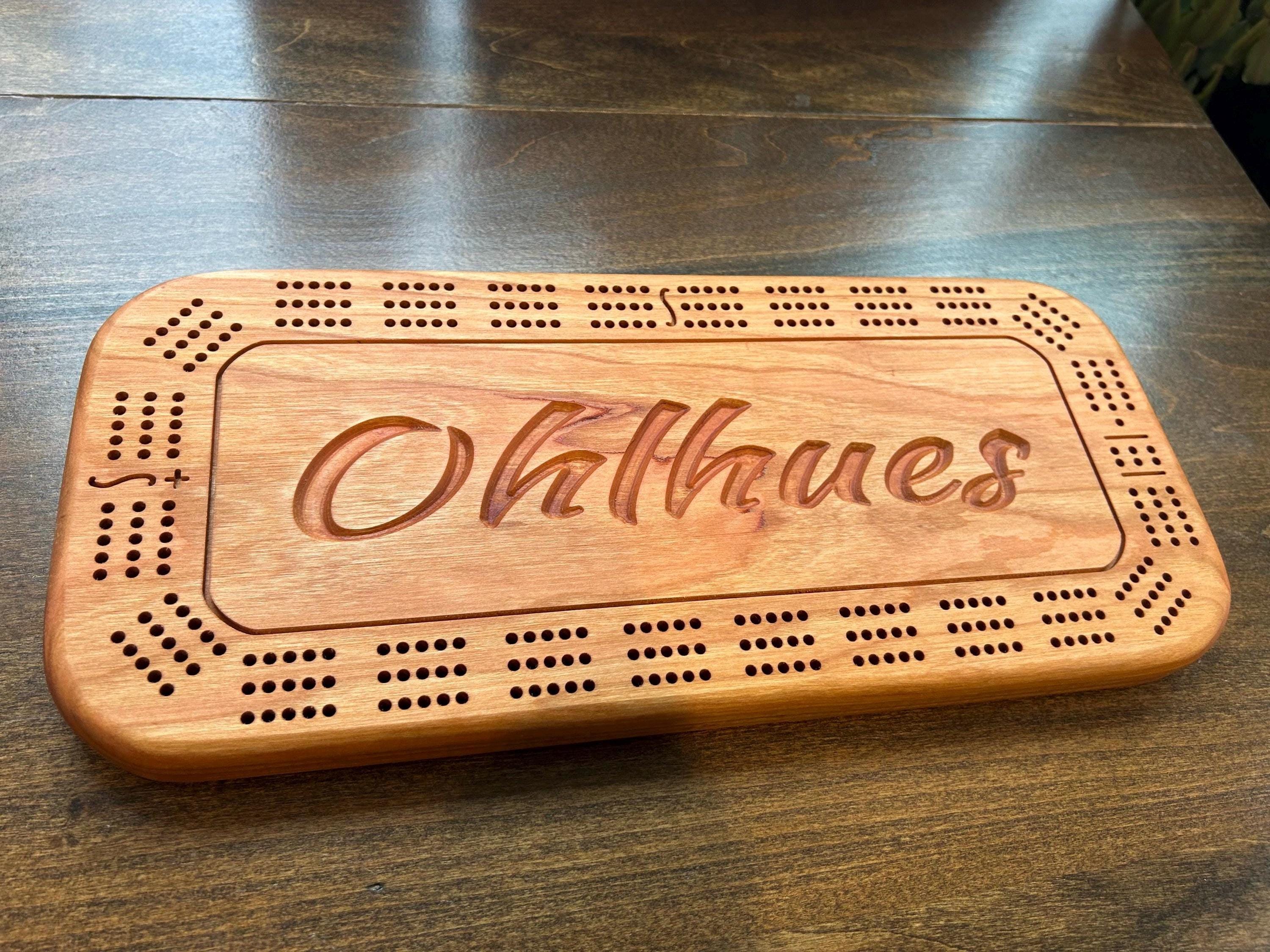Personalized Cribbage Board, Family Name Caved, Wooden Cribbage, Wedding, Anniversary Gift, Peg Storage