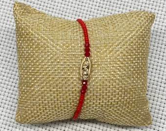 pulsera roja con medalla de virgen de guadalupe, pulsera roja de nylon ajustable, red nylon beaded adjustable bracelet  virgen mary charm