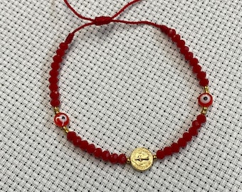 Pulsera roja ajustable con ojo turco y medalla de san Benito, adjustable red evil eye bracelet and San Benito charm, pulsera para proteccion