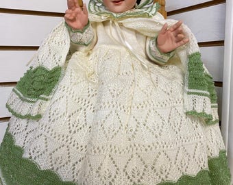 Ropon tejido crema con verde- niño Dios-traje vestido nino dios-nino jesus-navidad- yarn crochet clothing baby jesus-mexico-hilo-estambre