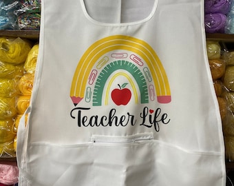 teacher apron- arts apron- teacher gift- mandil para educadora-maestra-handmade-mexico-zipper apron with pockets-delantal con cierre y bolsa