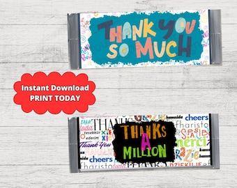 PRINTABLE THANK YOU Candy Bar Wrappers-Gift Ideas-Party Favors-Treats-Chocolate Bar Wrapper-thanks- gift basket-Instant Download-candy label