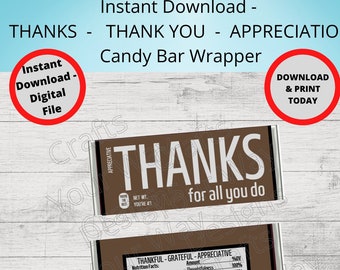 Printable THANKS Candy Bar Wrappers-Gift Ideas-Party Favors-Chocolate Bar Wrapper-THANK YOU wrapper, show appreciation