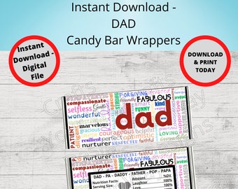Printable DAD Candy Bar Wrappers-Gift Ideas-Party Favors-Chocolate Bar Wrapper-Gifts for DADs, Happy Father's Day