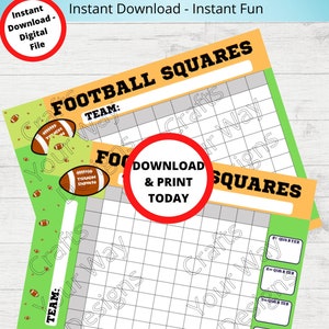 Puede incluir: Plantilla de juego de cuadrados de fútbol imprimible con fondo verde y naranja. La plantilla tiene una cuadrícula con números y un espacio para el nombre de un equipo. El texto "Descargar e imprimir hoy" está en un círculo rojo.