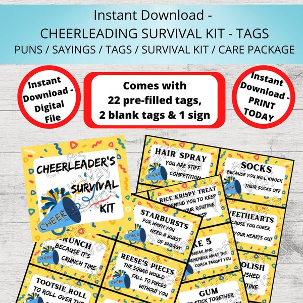 CHEERLEADERS Survival Kit, CHEERLEADERS Care Package, Gift Tags, CHEERLEADING Gift Ideas, Gift Basket. Printable Instant Cheer Candy Puns