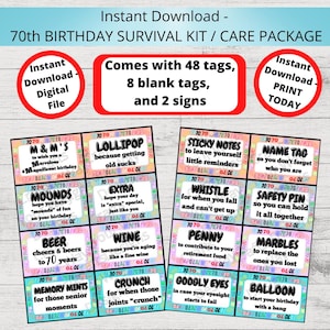 Kit di sopravvivenza per il 70° COMPLEANNO, pacco regalo per il 70° compleanno, etichette regalo, idee regalo per il compleanno, cesto regalo - stampabile all'istante per il 70° compleanno