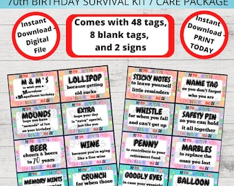 70th BIRTHDAY Survival Kit, 70th Birthday Care Package, Gift Tags, Birthday Gift Ideas, Gift Basket-Printable Instant 70 birthday