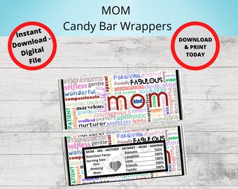 Printable MOM Candy Bar Wrappers-Gift Ideas-Party Favors-Chocolate Bar Wrapper-Gifts for Moms, Happy Mother&#39;s Day