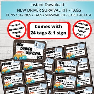 NEW DRIVER Survival Kit, Care Package, Gift Tags, Gift Ideas, Gift Basket-Printable Instant Digital Download, New Driver Tags, Candy Puns