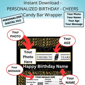 PERSONALIZED PHOTO BIRTHDAY Candy Bar Wrapper-Printable Personalized File-Customize with Photo, Name, Age, & Message-Digital Download-Favors