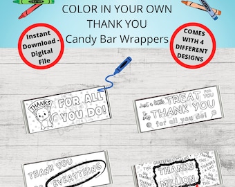Printable COLORING THANK YOU Candy Bar Wrappers-Gift Ideas-Party Favors-Chocolate Bar Wrapper-4 Designs-Thank You Gifts, Appreciation