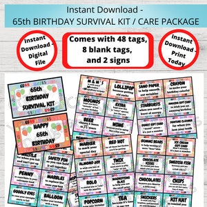 65e VERJAARDAG Survival Kit, 65e verjaardag zorgpakket, cadeaulabels, verjaardagscadeau-ideeën, cadeaumand-afdrukbare Instant 65 verjaardag