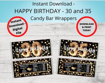 Afdrukbare 30e en 35e VERJAARDAG Candy Bar Wrappers-Cadeau-ideeën-Feestbedankjes-Chocoladereep Wrapper-Verjaardagscadeaus, feest, fijne VERJAARDAG