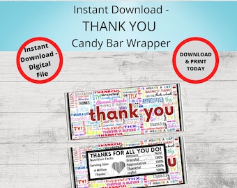 Printable THANK YOU Candy Bar Wrappers-Gift Ideas-Party Favors-Chocolate Bar Wrapper-THANK you gifts, party, Thanks, Thank you, Appreciation