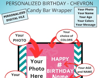 PERSONALIZED PHOTO BIRTHDAY Candy Bar Wrapper-Printable Personalized File-Customize with Photo, Name, Age, Message & Colors-Digital Download
