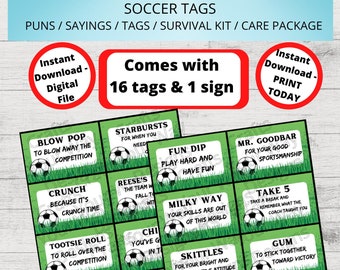 SOCCER Survival Kit, SOCCER Care Package, Soccer Gift Tags, Gift Ideas, Gift Basket-Printable Instant Download, Candy Puns, Soccer Banquet